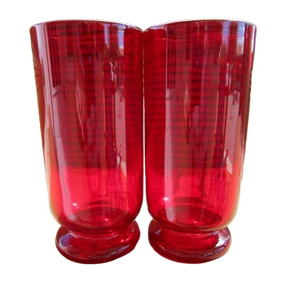 Vintage Ruby Red Footed Tumblers Hand Blown Rough Pontil Rolled Rim a Pair Very - Picture 2 of 12